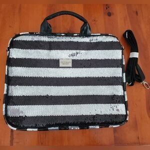 Victorias Secret Black and Silver Sequin Stripe Laptop Tablet Carrying Case Bag